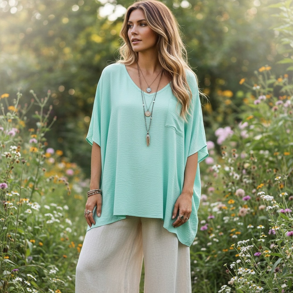 Urban Daizy L Poncho Top Blouse Green V Neck‎ Oversized Boho Flowy Coastal Fairy